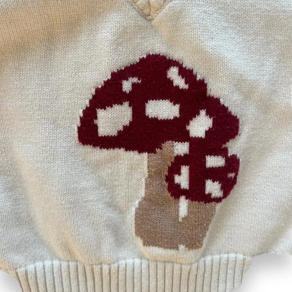 Hollister Vest Womens Extra Small White Red Mushroom Knit Pullover V-neck Cotton - Picture 3 of 7